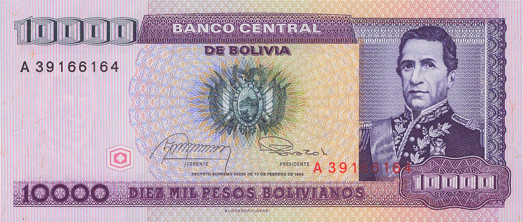 Bolivia 10000 1984 UNC P-169